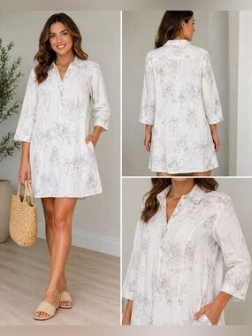 Malvin Linen Floral Shirt Dress White Gray Button Front Size L